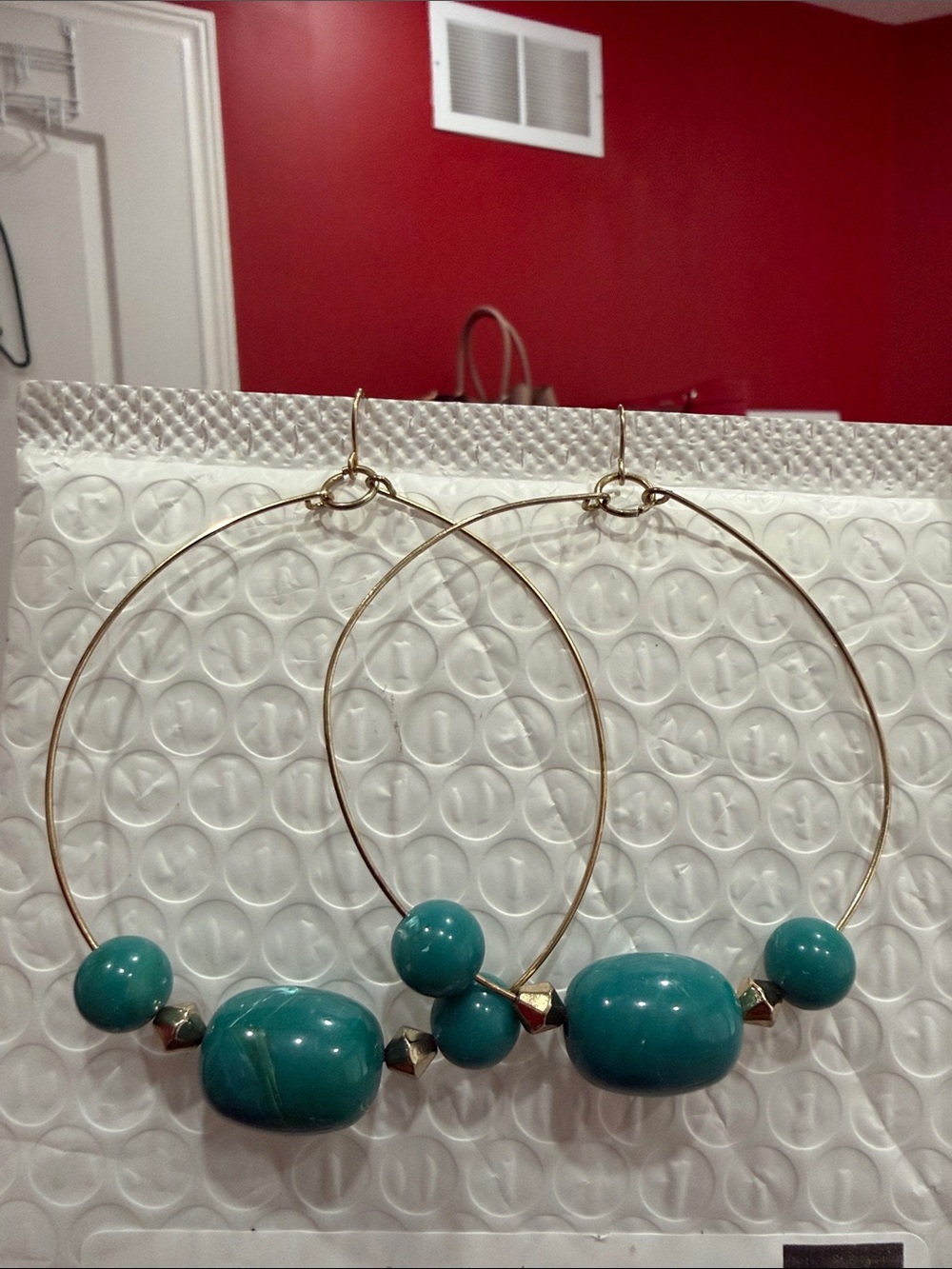 Gold Hoop Earrings with Teal Beads